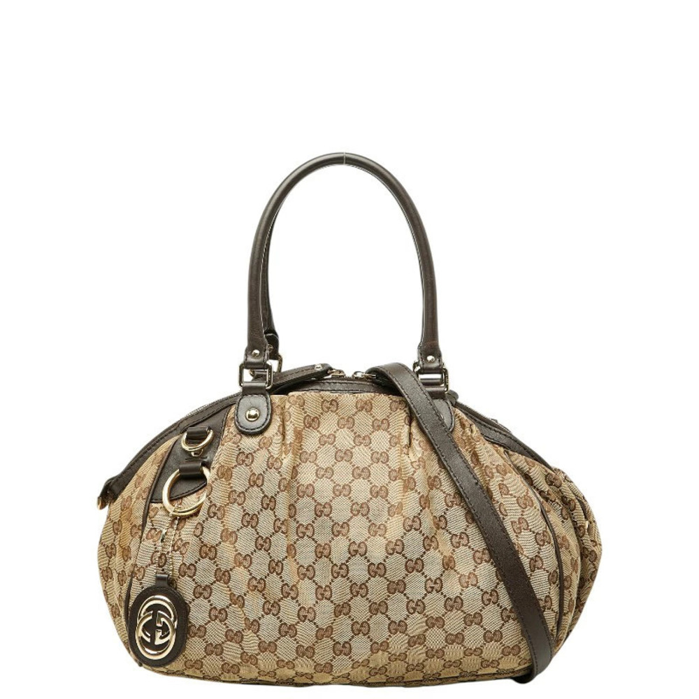 Gucci GG Canvas Tote Bag Shoulder Beige Cream Brown Leather
